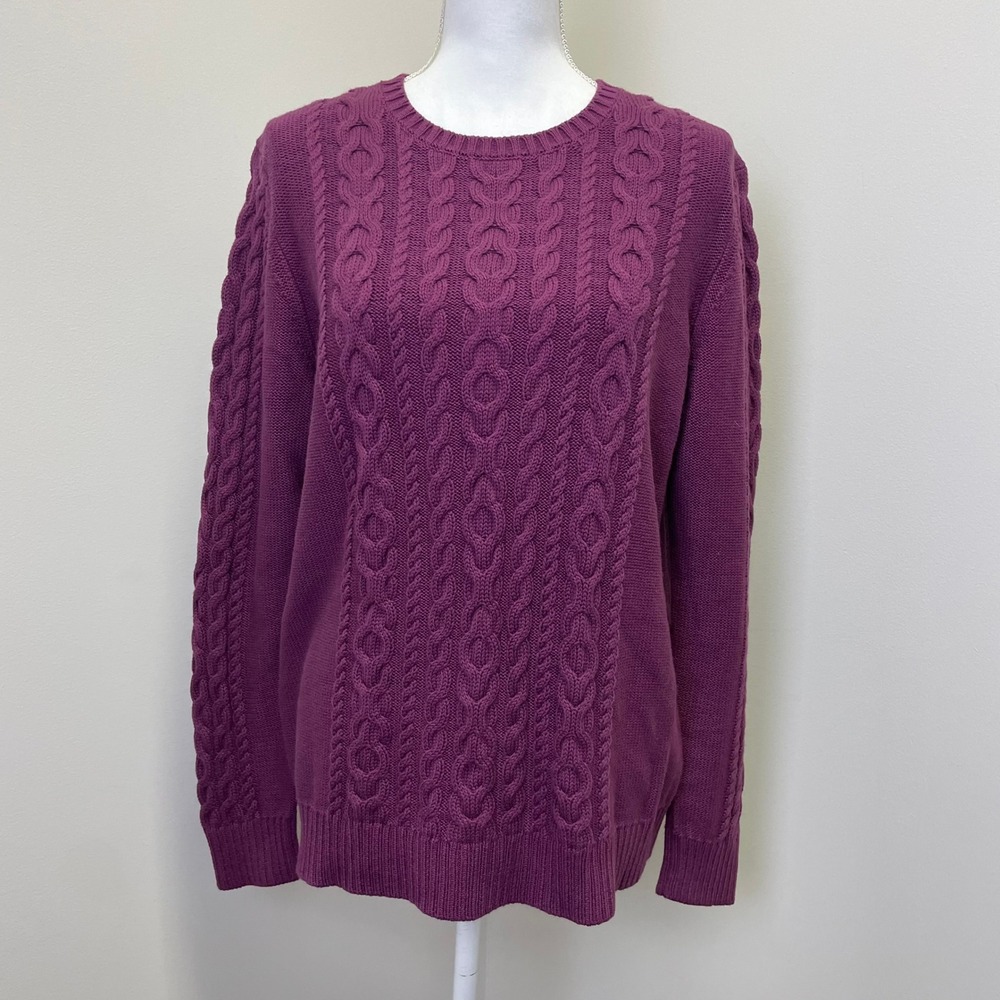 L.L. Bean Womens XL Purple Cable Knit Cotton Crewneck Sweater Casual Classic